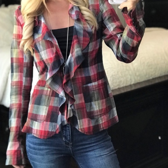 Free People Plaid Ruffle Top with long sleeves - Picture 3 of 5